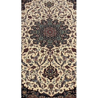 Master Bagher Seirafian rug in vibrant cream and black tones, framed with a detailed floral border.