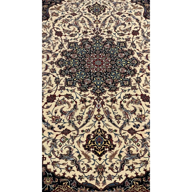Master Bagher Seirafian rug in vibrant cream and black tones, framed with a detailed floral border.