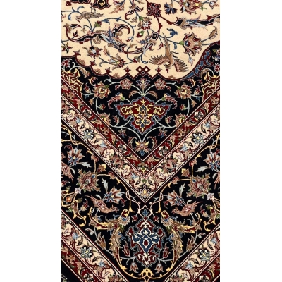 Elegant wool and silk Persian rug featuring vibrant colors and a central medallion design.