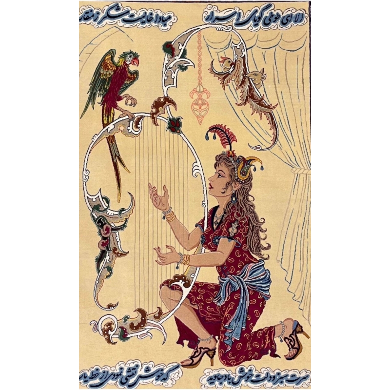 Persian Isfahan rug crafted by Karim Seirafian, showcasing a stunning design with vibrant red, blue, and beige tones, depicting an artistic scene of music and nature.