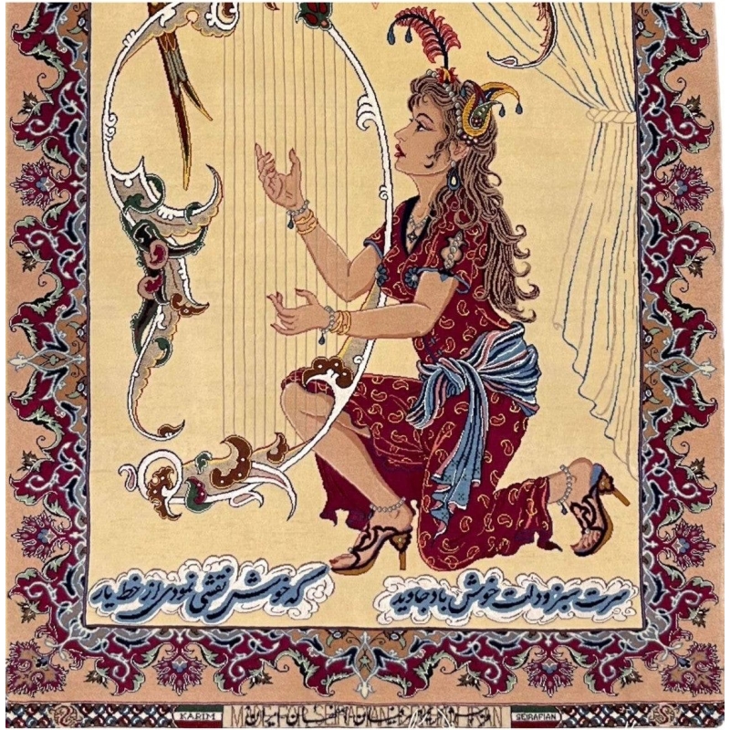 Luxurious Seirafian carpet from Isfahan, Iran, with detailed craftsmanship portraying a harp player and parrots, bordered with rich ornamental patterns.