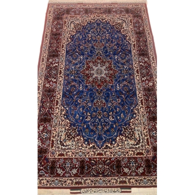 Front View: Elegant hand-knotted Persian rug in blue and red tones by Master Bagher Seirafian.