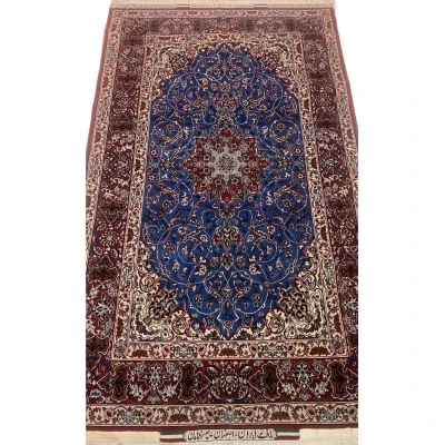 Front View: Elegant hand-knotted Persian rug in blue and red tones by Master Bagher Seirafian.
