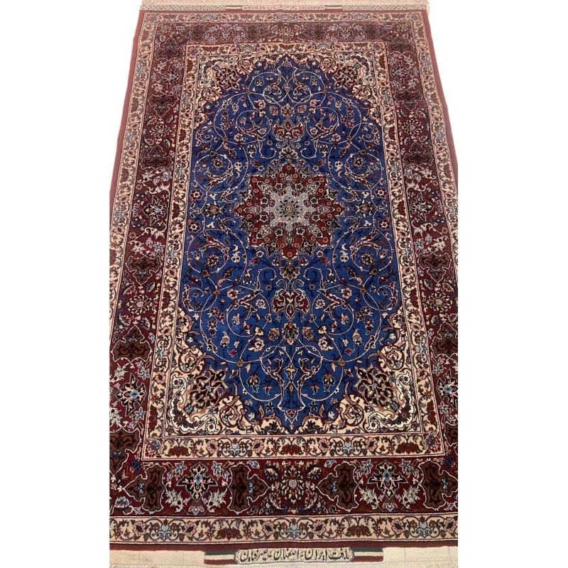 Front View: Elegant hand-knotted Persian rug in blue and red tones by Master Bagher Seirafian.