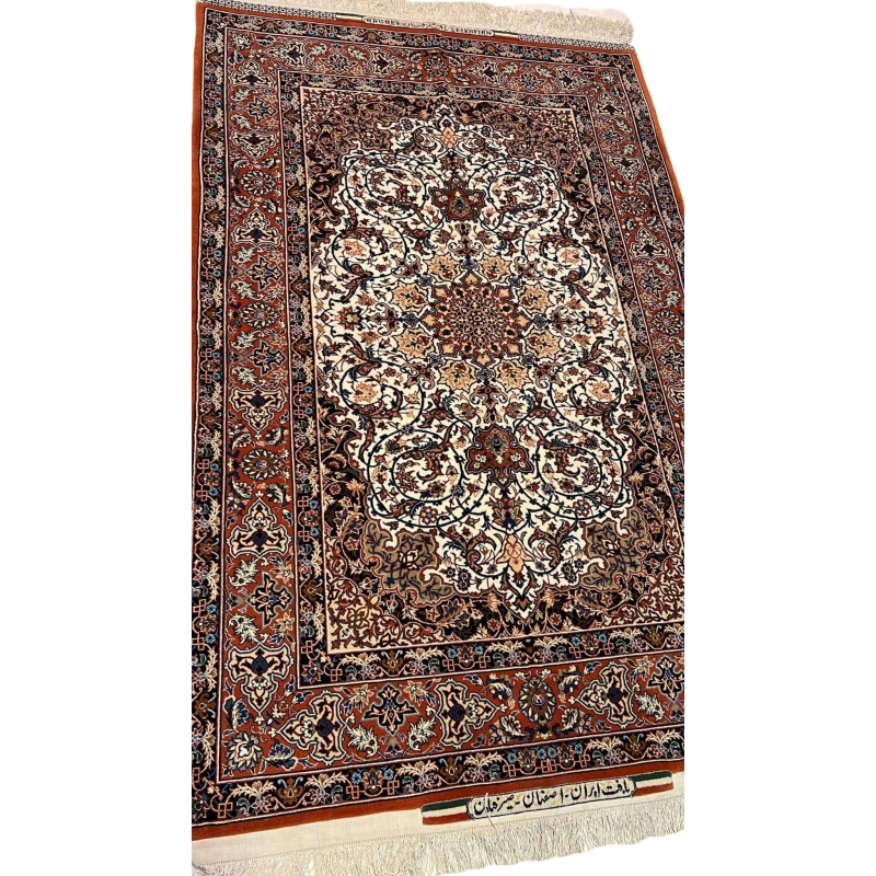 "Angled view of an authentic Seirafian Persian carpet, highlighting silk and wool materials with rich knot density and intricate designs."