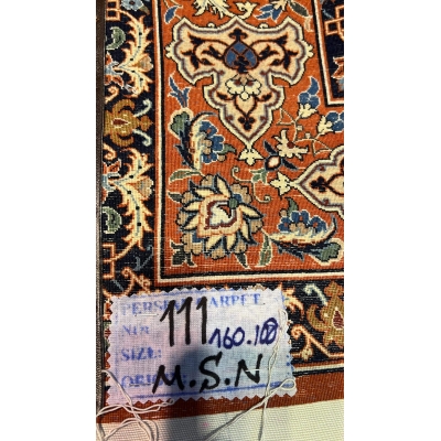 "Backside of a Master Bagher Seirafian hand-knotted Persian carpet, displaying fine craftsmanship with high knot density, silk warp, and wool pile from Isfahan."