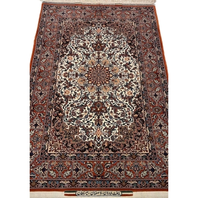 "Luxury Isfahan Seirafian rug by Master Bagher Seirafian, hand-knotted with wool and silk, featuring intricate floral and medallion designs."