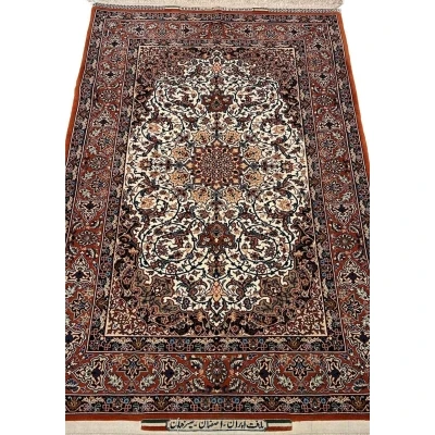 "Luxury Isfahan Seirafian rug by Master Bagher Seirafian, hand-knotted with wool and silk, featuring intricate floral and medallion designs."
