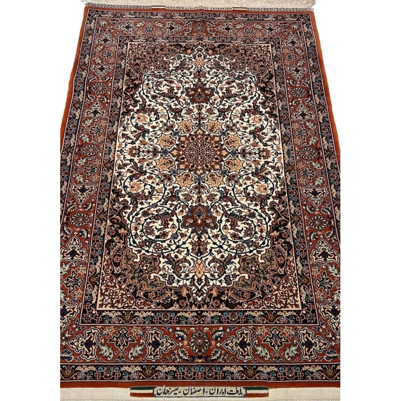 "Luxury Isfahan Seirafian rug by Master Bagher Seirafian, hand-knotted with wool and silk, featuring intricate floral and medallion designs."