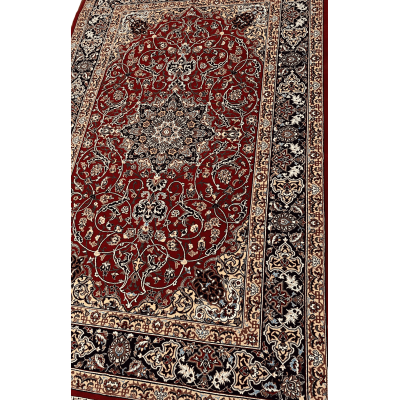 "Angled view of a luxurious Seirafian Persian rug, featuring a detailed medallion pattern with high knot density, handwoven from silk and wool in Isfahan."