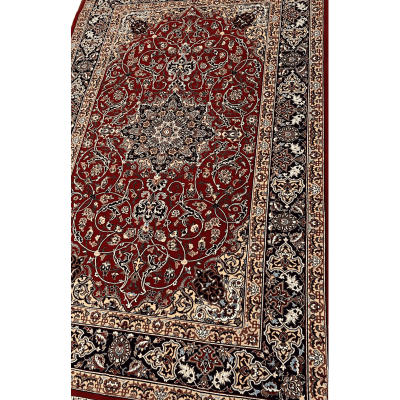 "Angled view of a luxurious Seirafian Persian rug, featuring a detailed medallion pattern with high knot density, handwoven from silk and wool in Isfahan."