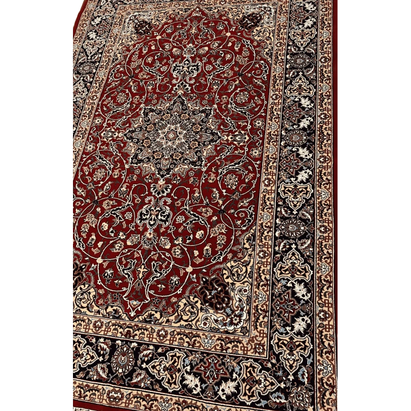 "Angled view of a luxurious Seirafian Persian rug, featuring a detailed medallion pattern with high knot density, handwoven from silk and wool in Isfahan."