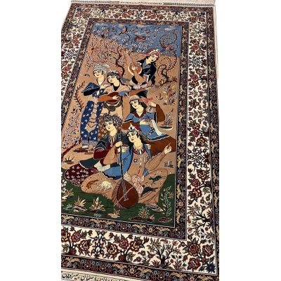 "Close-up of Master Bagher Seirafian’s hand-knotted pictorial rug, showcasing intricate details of Persian musicians and floral motifs in natural dyes."