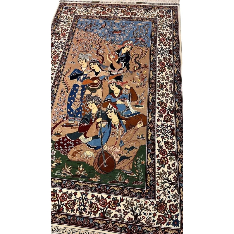 "Close-up of Master Bagher Seirafian’s hand-knotted pictorial rug, showcasing intricate details of Persian musicians and floral motifs in natural dyes."