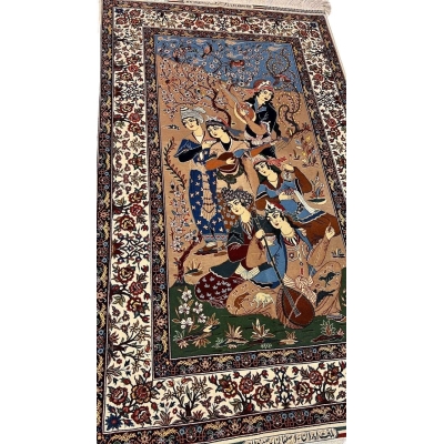 "Angled view of a hand-knotted wool and silk Seirafian pictorial rug by Master Bagher Seirafian, featuring Persian art and detailed craftsmanship."