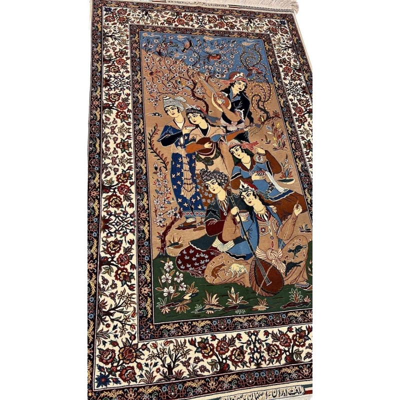 "Angled view of a hand-knotted wool and silk Seirafian pictorial rug by Master Bagher Seirafian, featuring Persian art and detailed craftsmanship."