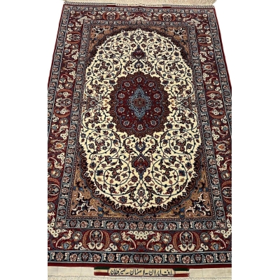 "Seirafian Isfahan small rug, hand-knotted with wool and silk, featuring intricate Persian floral patterns crafted by Master Bagher Seirafian."
