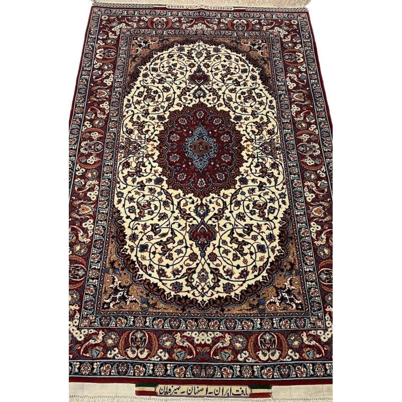 "Seirafian Isfahan small rug, hand-knotted with wool and silk, featuring intricate Persian floral patterns crafted by Master Bagher Seirafian."