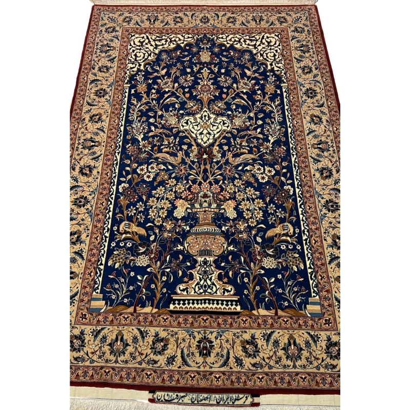"Hand-knotted Seirafian Isfahan rug showcasing intricate floral designs, crafted from a blend of wool and silk."