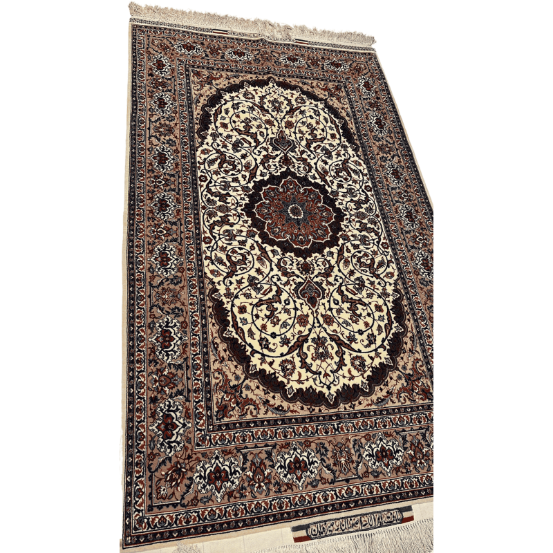 "Angled view of a mastercrafted Seirafian carpet from Isfahan, featuring luxury materials like silk and wool with detailed medallion patterns."