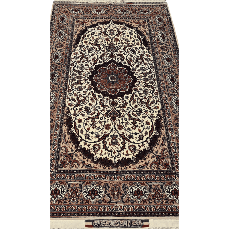 "Luxury Persian medallion rug by Master Bagher Seirafian, hand-knotted in Isfahan with silk and wool, featuring intricate floral and medallion patterns."