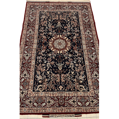 "Hand-knotted Seirafian Persian rug by Master Bagher Seirafian, featuring a classical floral design in burgundy and ivory, crafted from silk and wool in Isfahan."