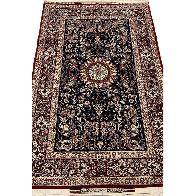 "Hand-knotted Seirafian Persian rug by Master Bagher Seirafian, featuring a classical floral design in burgundy and ivory, crafted from silk and wool in Isfahan."