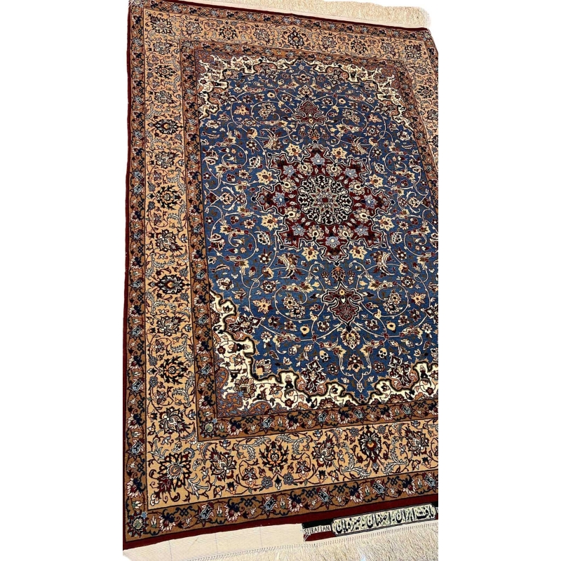 "Side view of a luxurious Seirafian Persian rug, emphasizing the fine handwoven silk and wool material and intricate patterning, crafted in Isfahan by Master Hassan Seirafian."