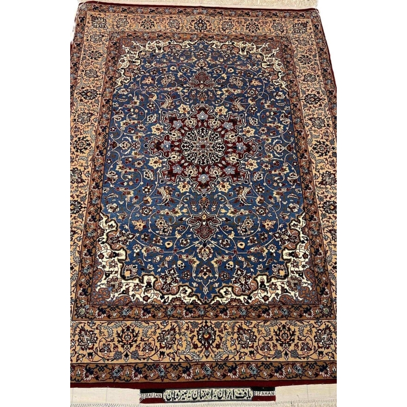 "Front view of an authentic Seirafian Persian rug with intricate floral and medallion design, handwoven with silk and wool in Isfahan by Master Hassan Seirafian."