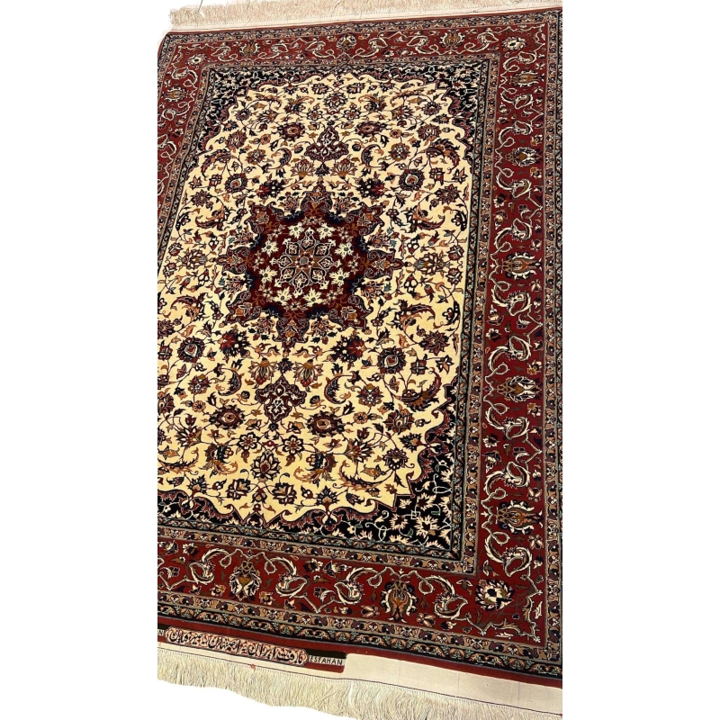 "Luxury Isfahan Seirafian floral rug with intricate medallion design, made from wool and silk, featuring traditional Persian craftsmanship."