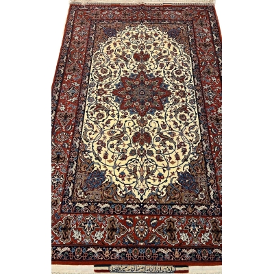 "Hand-knotted Seirafian Persian rug with floral designs, crafted in Isfahan using wool and silk."