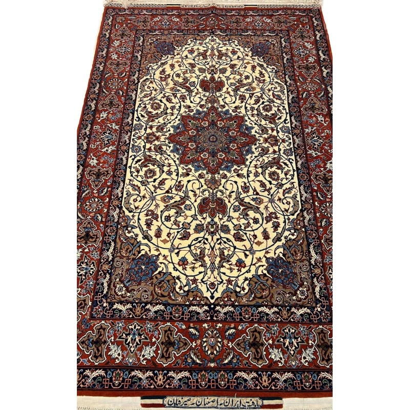 "Hand-knotted Seirafian Persian rug with floral designs, crafted in Isfahan using wool and silk."