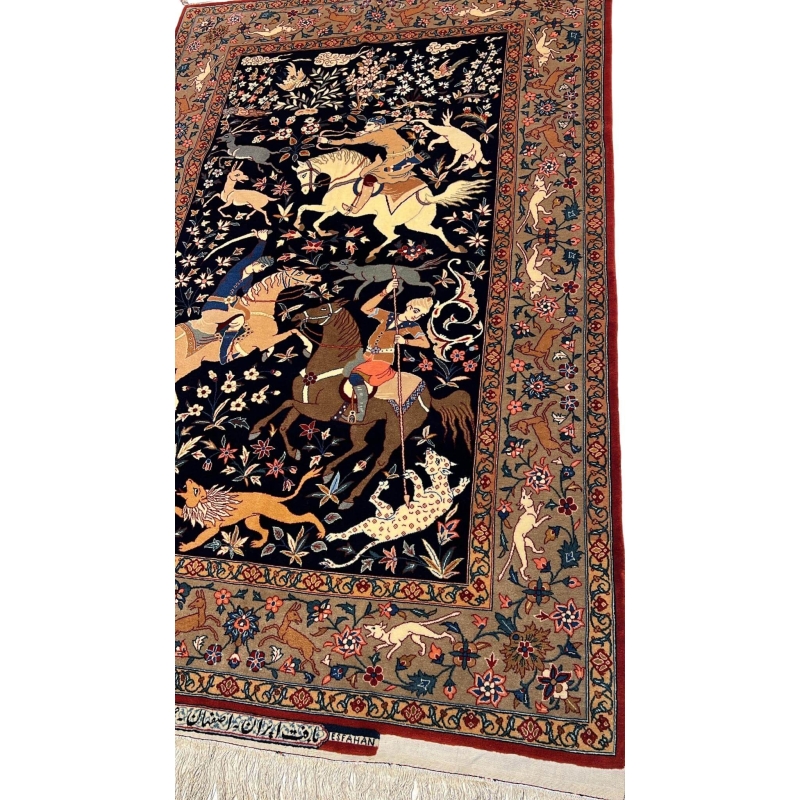 Detail shot of the hand-woven Seirafian rug’s hunting scene, capturing the fine detail and artistry of Persian craftsmanship.