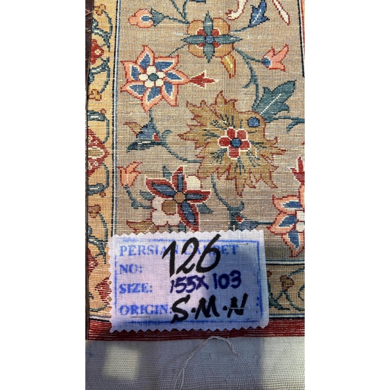 Back view of the Seirafian Hunting Scene rug, highlighting the quality of the knotting and silk warp.