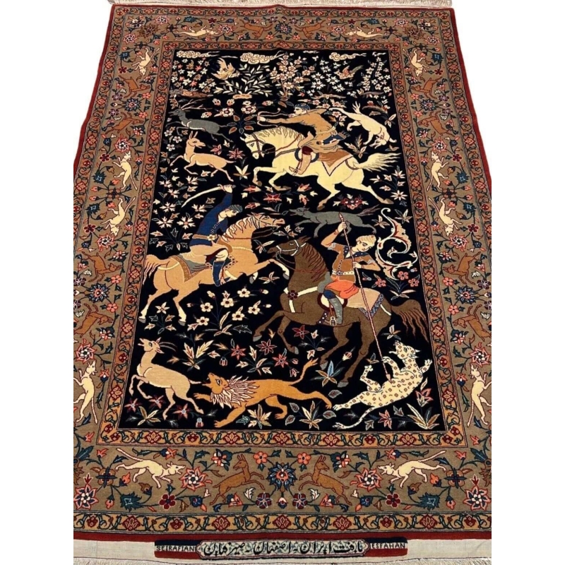 Close-up view of the Seirafian Hunting Scene rug, showcasing intricate hand-knotted silk and wool craftsmanship.