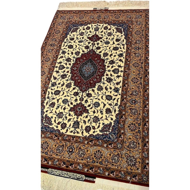 "Close-up of a Seirafian floral Persian rug by Ali Reza Seirafian, highlighting the central medallion and delicate floral motifs in natural dyes."