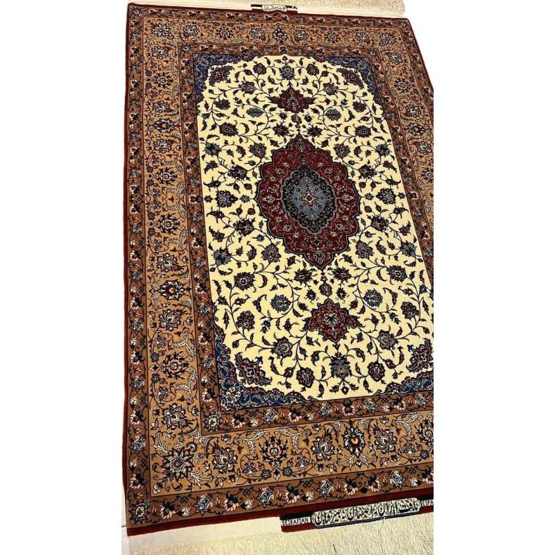 "Angled view of a hand-knotted Seirafian rug featuring floral designs and a rich medallion pattern, crafted with silk and wool by Ali Reza Seirafian."