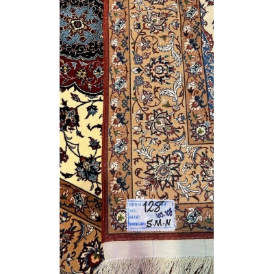 "Backside of a Seirafian Persian rug by Ali Reza Seirafian, showing the fine knotting craftsmanship and structure with silk warp and wool pile."