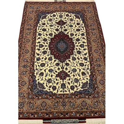 "Hand-knotted Seirafian floral rug by Ali Reza Seirafian, featuring intricate floral designs in burgundy, beige, and blue, crafted from silk and wool in Isfahan."