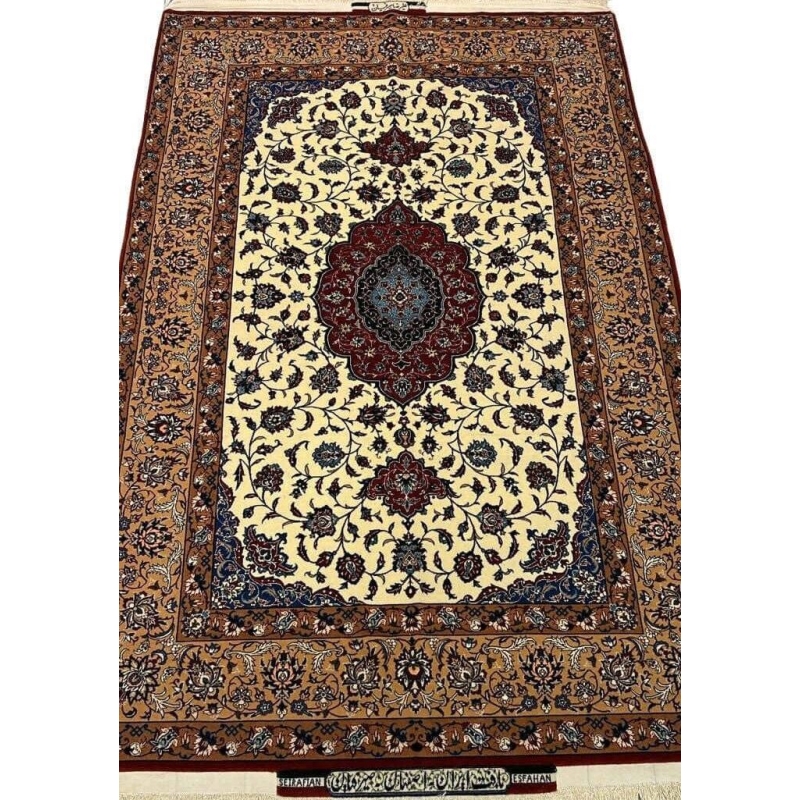 "Hand-knotted Seirafian floral rug by Ali Reza Seirafian, featuring intricate floral designs in burgundy, beige, and blue, crafted from silk and wool in Isfahan."
