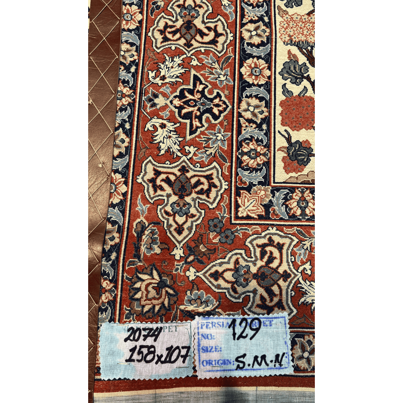 "Backside of a Seirafian rug by Master Bagher Seirafian, displaying fine knot craftsmanship and silk warp structure, made in Isfahan."