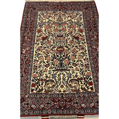 "Hand-knotted Seirafian Persian rug by Master Bagher Seirafian, featuring a one-sided floral design in red and beige, crafted from silk and wool."