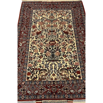 "Hand-knotted Seirafian Persian rug by Master Bagher Seirafian, featuring a one-sided floral design in red and beige, crafted from silk and wool."