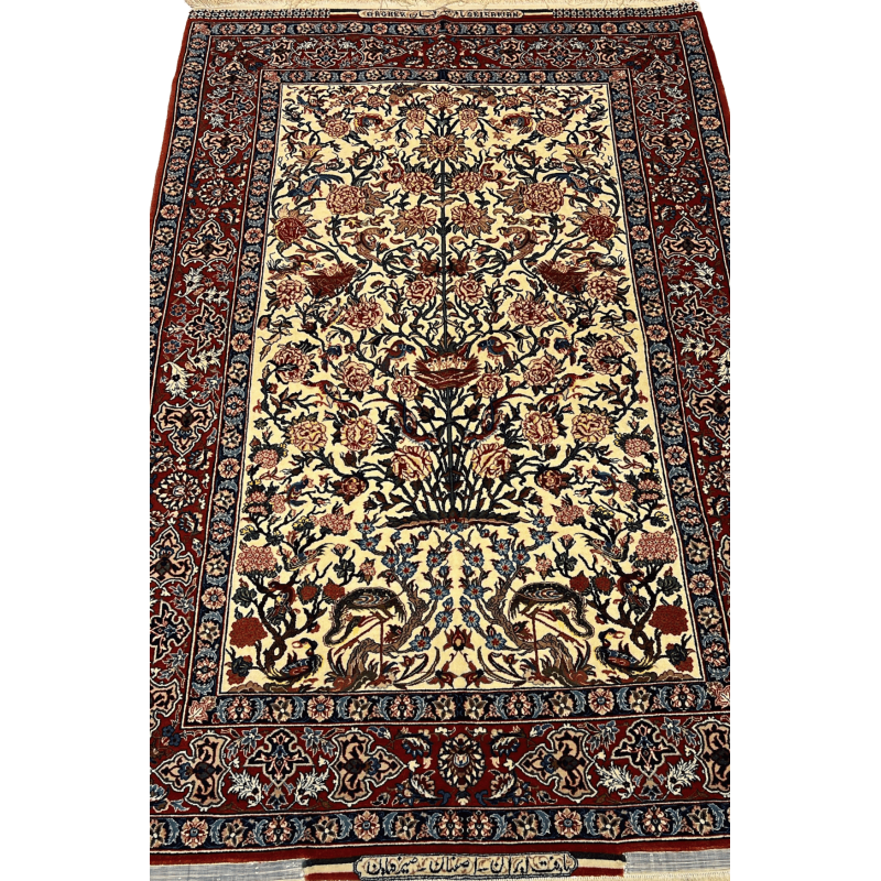"Hand-knotted Seirafian Persian rug by Master Bagher Seirafian, featuring a one-sided floral design in red and beige, crafted from silk and wool."