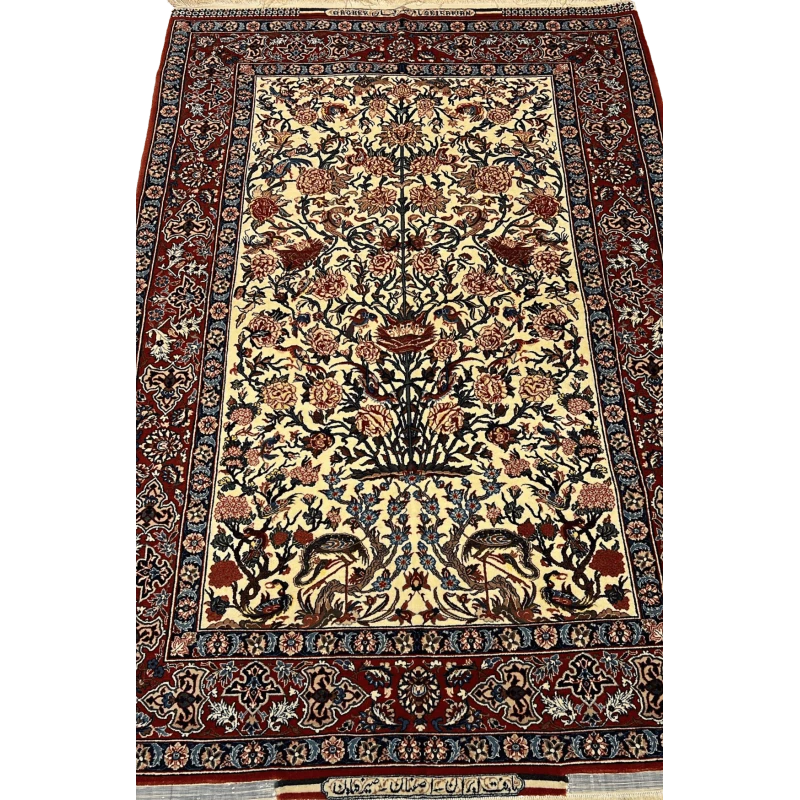 "Hand-knotted Seirafian Persian rug by Master Bagher Seirafian, featuring a one-sided floral design in red and beige, crafted from silk and wool."