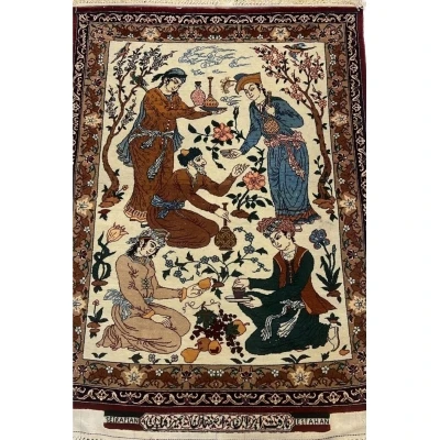 Seirafian 2x3 beige pictorial Persian carpet showcasing intricate hand-knotted design by Master Hassan Seirafian.

