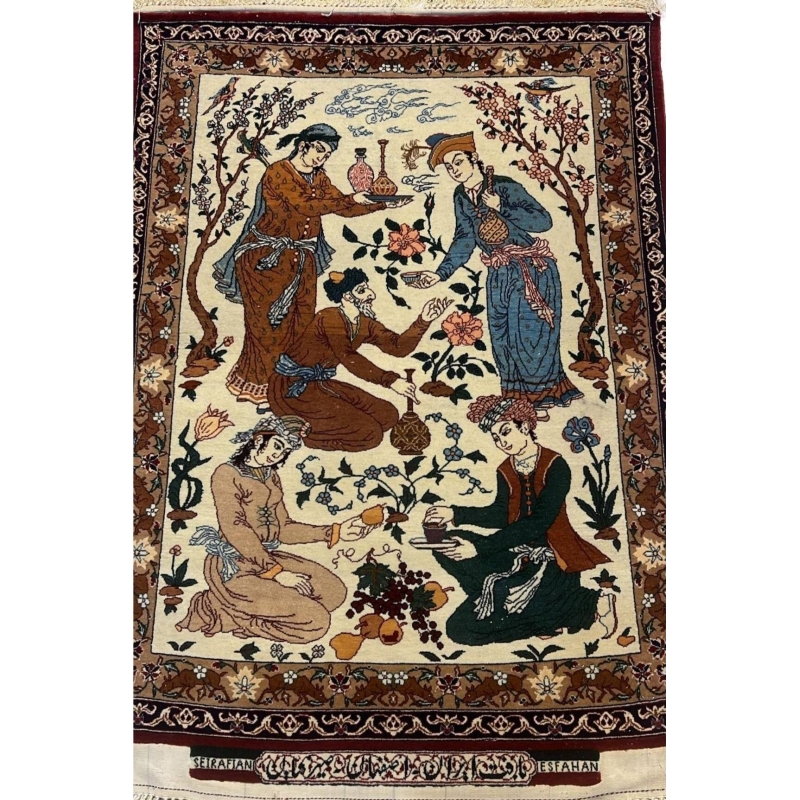 Seirafian 2x3 beige pictorial Persian carpet showcasing intricate hand-knotted design by Master Hassan Seirafian.