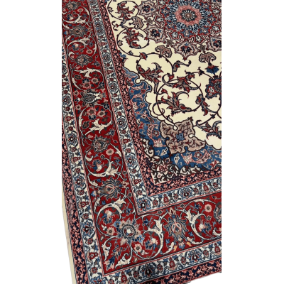 Isfahan Silk Wool Rug by Master Bagher Seirafian with red, blue, and white intricate patterns