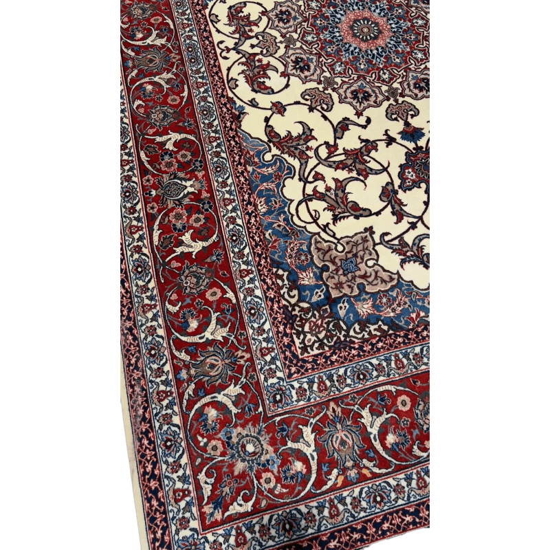 Isfahan Silk Wool Rug by Master Bagher Seirafian with red, blue, and white intricate patterns