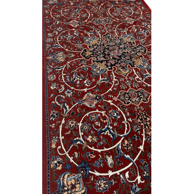 "Luxurious Persian rug woven by master artisan Bagher Seirafian in Isfahan, Iran. This 189 x 105 cm (6.2 x 3.4 feet) rug is handcrafted with a wool and silk pile and a silk warp. It boasts a stunning floral design with a knot density of 1,210,000 knots per square meter, ensuring its high quality and durability. A rare collectible piece weighing 5 kg, available in stock."